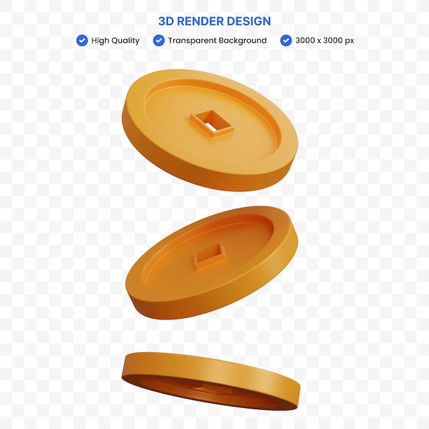 Renderização 3d três moedas de ouro chinesas isoladas