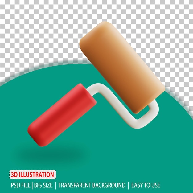 Renderização de carpintaria de ícone de ilustração de rolo de pintura 3d com fundo transparente