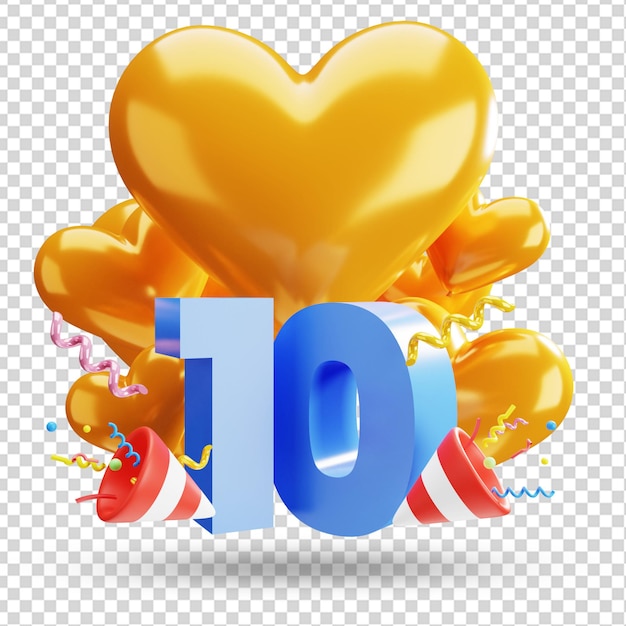 Renderização de conceito de ilustração de 10º aniversário de luxo 3d com balão de coração