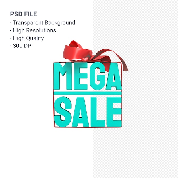 Renderização de design 3d de mega venda para promoção de venda com arco e fita isolados