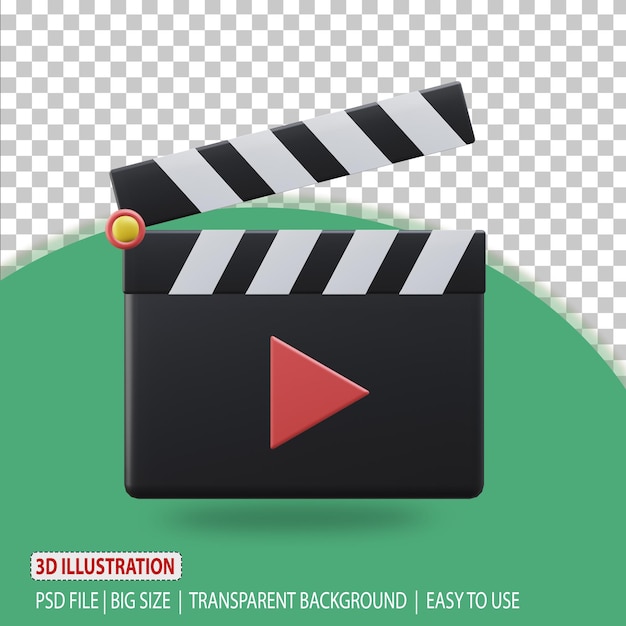 Renderização de gravação de filme de ícone de claquete 3d com fundo transparente