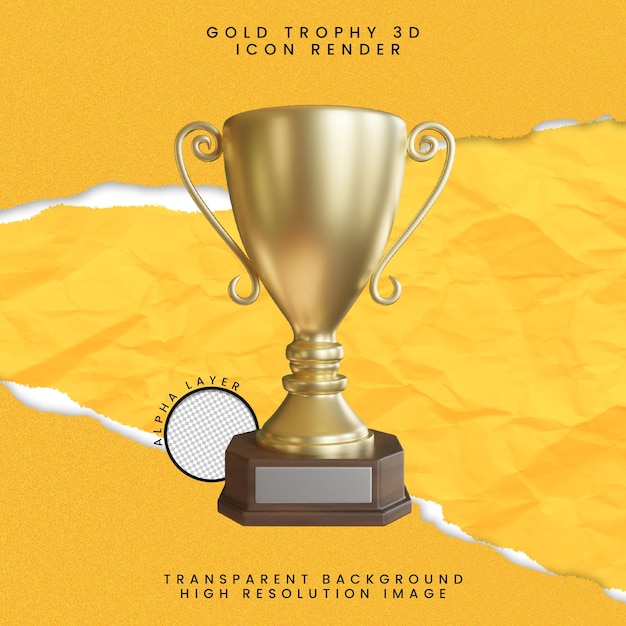 Renderização de ícone 3d de troféu de ouro com fundo transparente