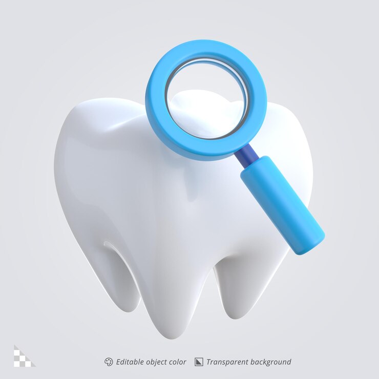 PSD renderização de ícones 3d de um exame dentário com lupa