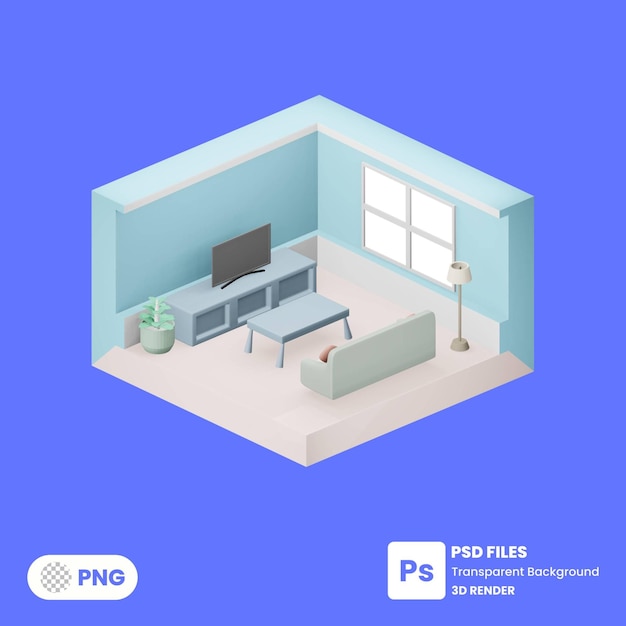 Renderização de ilustração 3d de sala isométrica psd premium