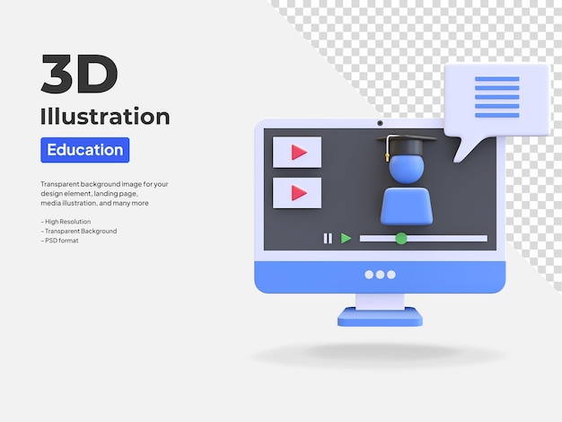 Renderização de ilustração 3d do ícone de chamada de vídeo de formatura online