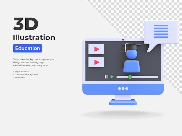 PSD renderização de ilustração 3d do ícone de chamada de vídeo de formatura online