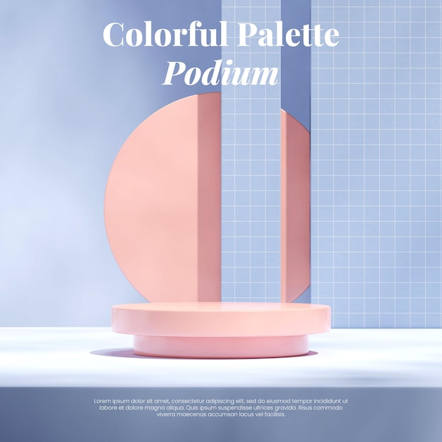 Renderização de imagem 3D cilindro de espaço vazio pódio de cor rosa em parede de azulejos de cor azul quadrada