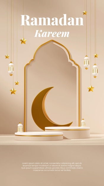 Renderização de modelo de maquete 3d pódio branco e dourado em lâmpada de retrato, lua e estrelas ramadan kareem