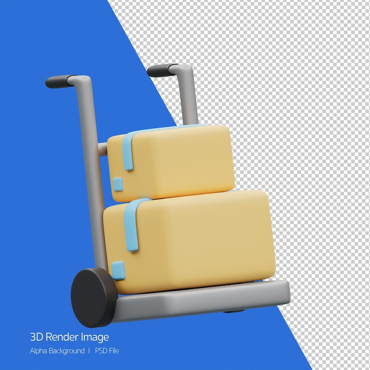 PSD renderização de objeto 3d da caixa de entrega no ícone do carrinho de entrega isolated.delivery, conceito de remessa.