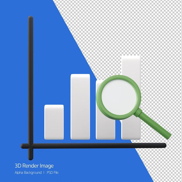 PSD renderização de objeto 3d de gráfico com lupa conceito de análise de dados