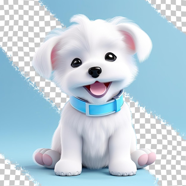 Renderização de um cachorrinho branco fofo com coleira azul em fundo transparente