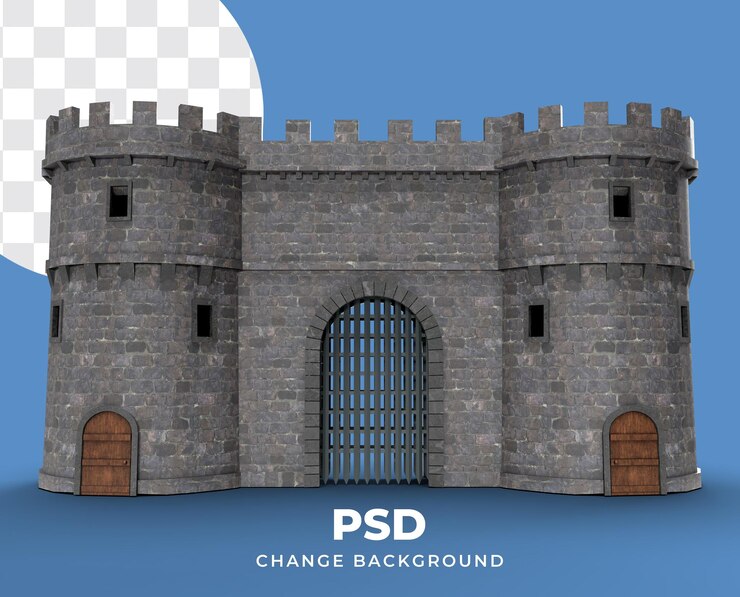 PSD renderização detalhada em 3d de um portão de um castelo medieval