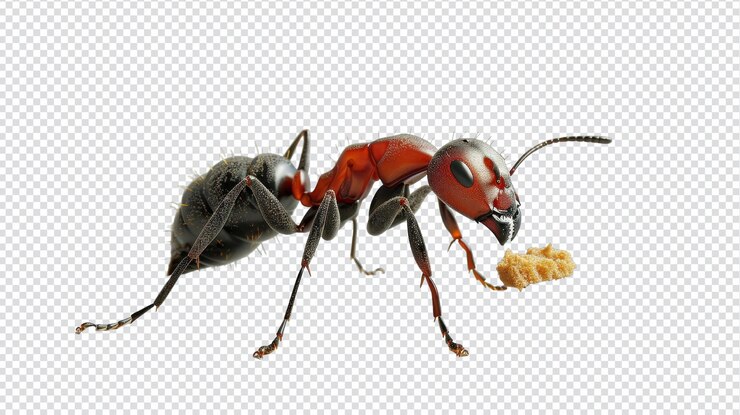 Renderização detalhada em 3D de uma formiga carregando uma migalha para uso educacional e científico