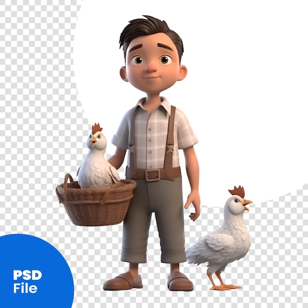 PSD renderização digital 3d de um jovem agricultor com uma galinha e uma cesta modelo psd