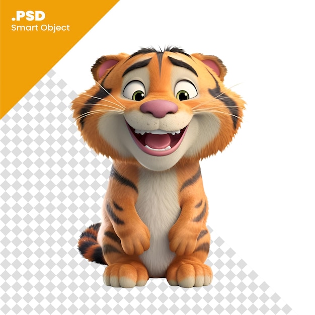 PSD renderização digital 3d de um lindo tigre de desenho animado isolado no modelo psd de fundo branco