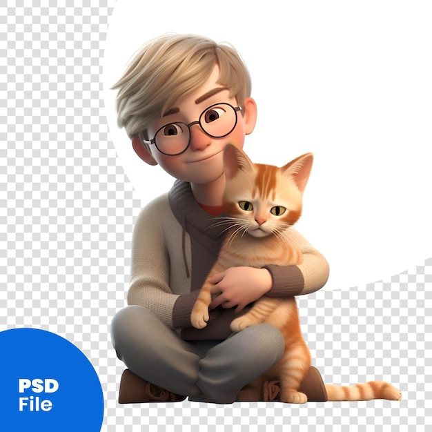 PSD renderização digital 3d de um menino bonito com óculos e um gato isolado em um modelo psd de fundo branco