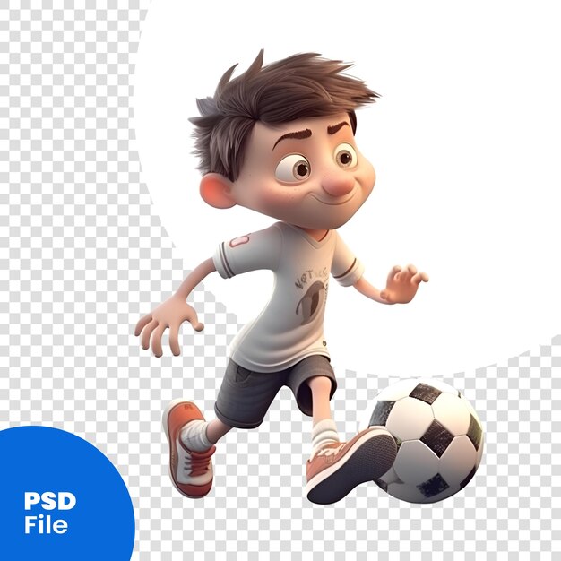 PSD renderização digital 3d de um menino bonito jogando futebol isolado no modelo psd de fundo branco