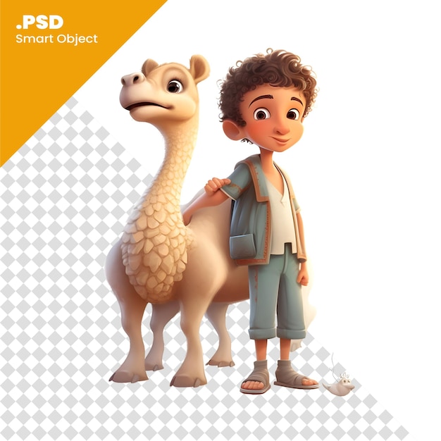 PSD renderização digital 3d de um menino e um camelo isolados em um modelo psd de fundo branco