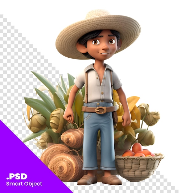 Renderização digital 3d de um pequeno agricultor com uma cesta de legumes isolada no modelo psd de fundo branco