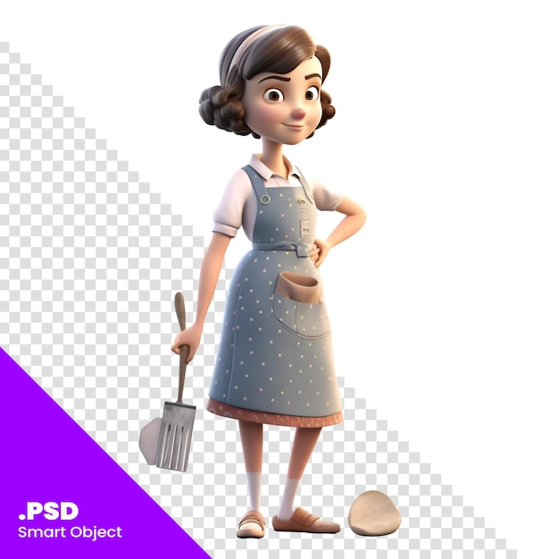 PSD renderização digital 3d de um personagem de desenho animado com modelo psd de avental e ferramentas