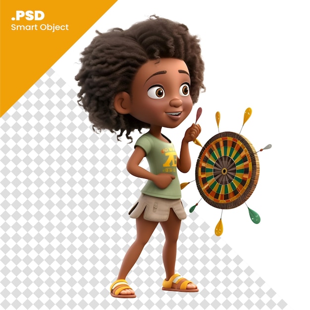 PSD renderização digital 3d de uma bonita menina afro-americana jogando dardos isolada em fundo branco