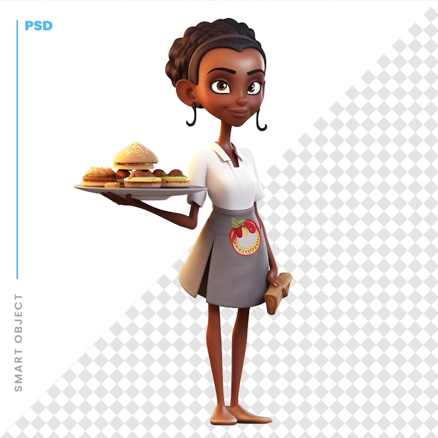 PSD renderização digital 3d de uma garçonete afro-americana com um hambúrguer