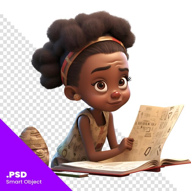 PSD renderização digital 3d de uma garota afro-americana bonita lendo um livro isolado em um modelo psd de fundo branco