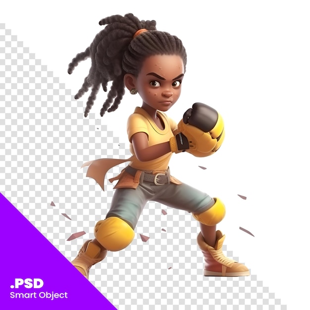 PSD renderização digital 3d de uma linda garota afro-americana com luvas de boxe modelo psd