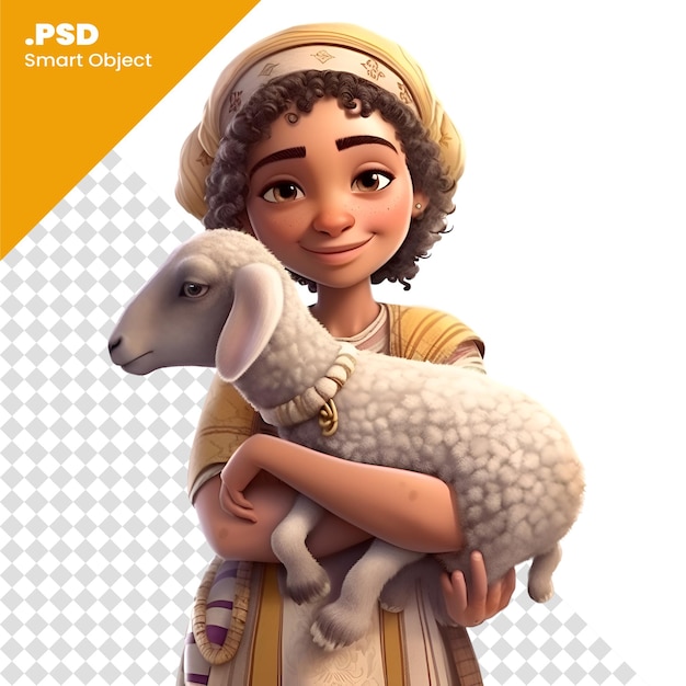 PSD renderização digital 3d de uma linda garota de desenho animado com ovelhas isoladas em fundo branco modelo psd