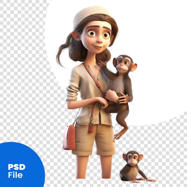 Renderização digital 3d de uma linda garota de desenho animado com um macaco isolado no fundo branco modelo psd