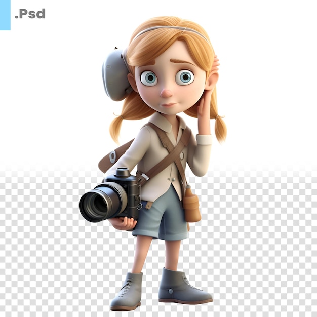 Renderização digital 3d de uma linda garota de desenho animado com uma câmera. modelo psd