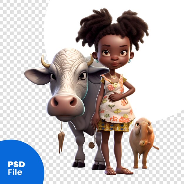 PSD renderização digital 3d de uma linda garotinha afro-americana e uma vaca isolada em fundo branco modelo psd