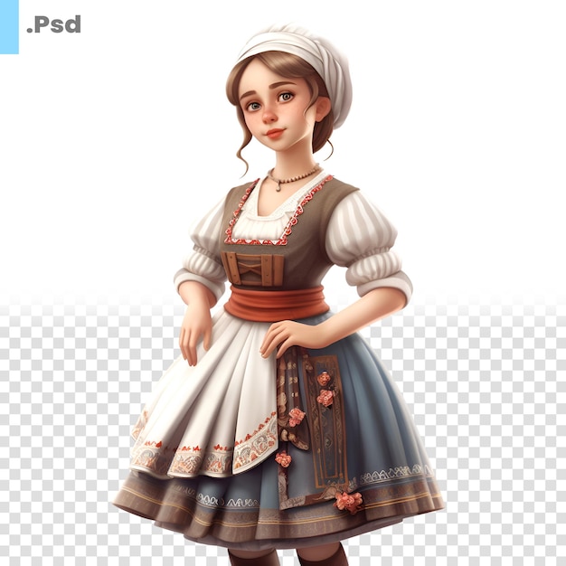 PSD renderização digital 3d de uma linda menina em um vestido bávaro isolado em um modelo psd de fundo branco
