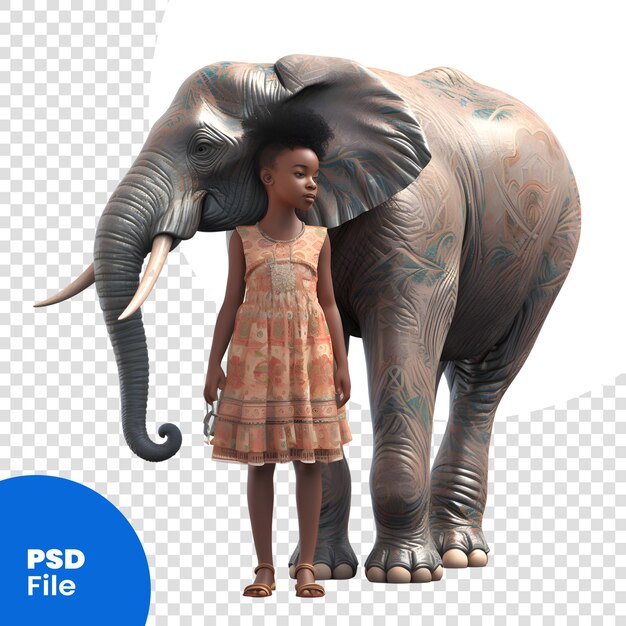 PSD renderização digital 3d de uma menina africana com um elefante isolado no fundo branco modelo psd