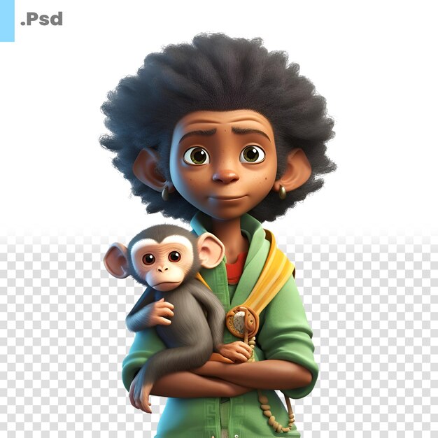 Renderização digital 3d de uma menina afro-americana com um macaco isolado em fundo branco modelo psd