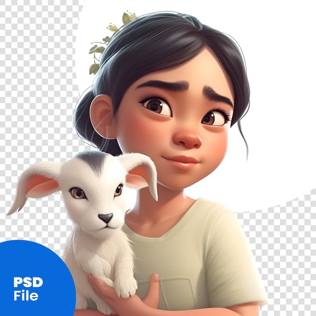 PSD renderização digital 3d de uma menina bonita com seu bebê coelho modelo psd