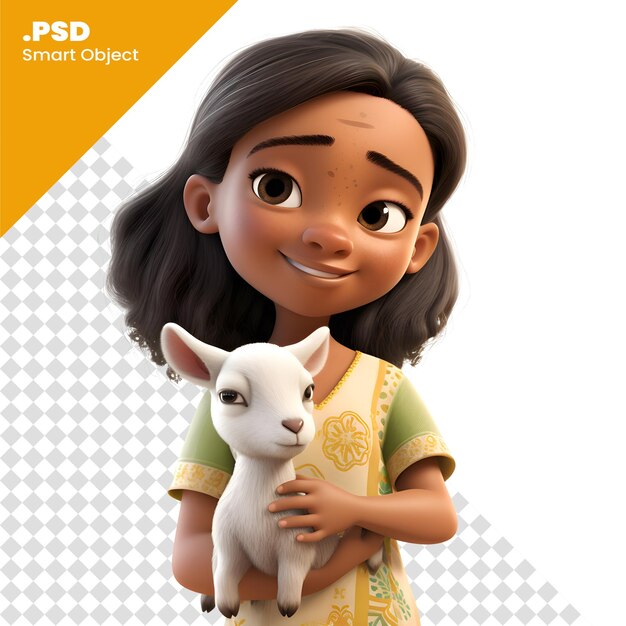 PSD renderização digital 3d de uma menina bonita com uma cabra isolada em um modelo psd de fundo branco