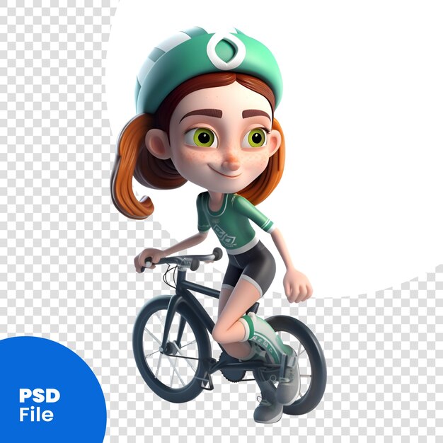 PSD renderização digital 3d de uma menina montando uma bicicleta isolada em um modelo psd de fundo branco