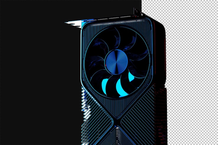 PSD renderização discreta de placa gráfica moderna sobre fundo preto. renderização 3d