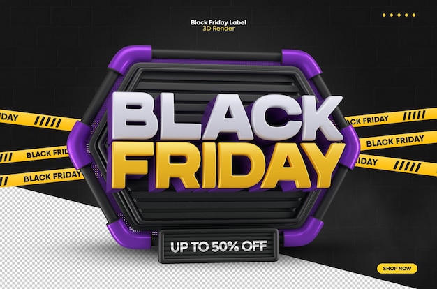 Renderização em 3d da black friday label com até 50% de desconto