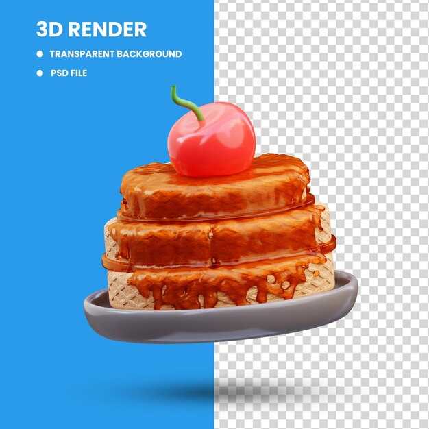 Renderização em 3d da ilustração de ícone de panqueca fofa coberta com mel