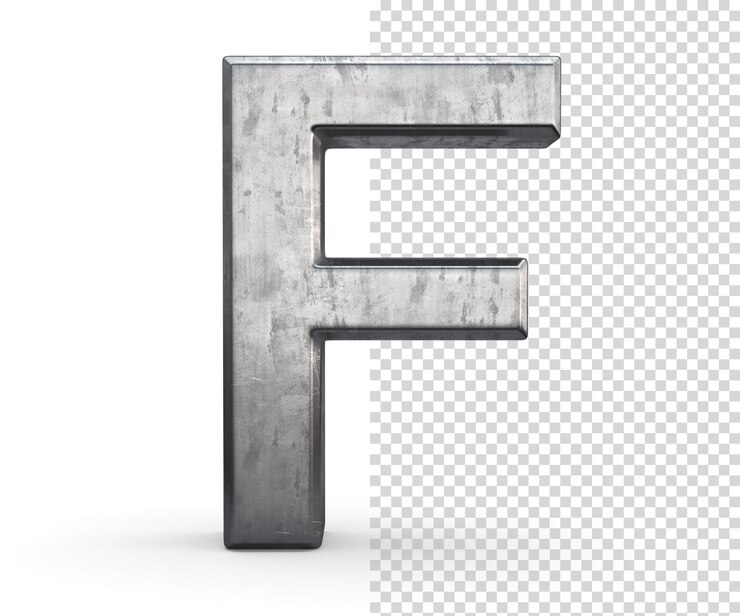 PSD renderização em 3d da letra f de aço manchado