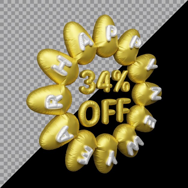 Renderização em 3d da oferta de ano novo com 34% de desconto em balão de ouro