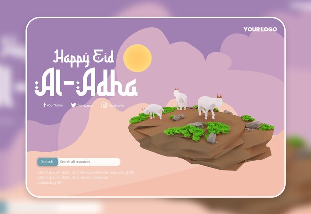 Renderização em 3d da página de destino do site com tema eid al adha