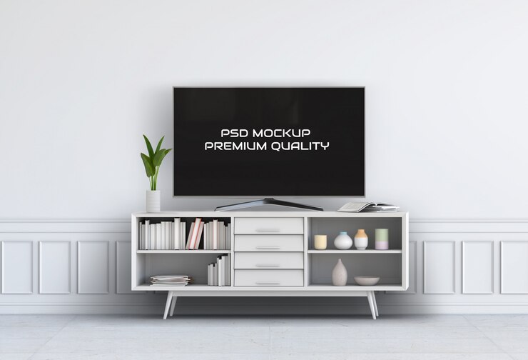 Renderização em 3D da sala de estar interior com Smart TV