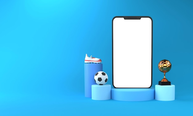 PSD renderização em 3d da tela do smartphone com chuteira esportiva de futebol copa do troféu vencedora de ouro sobre pódio e espaço de cópia em fundo azul