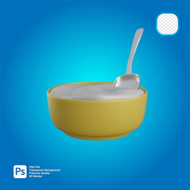 renderização em 3D da tigela com arroz e colher