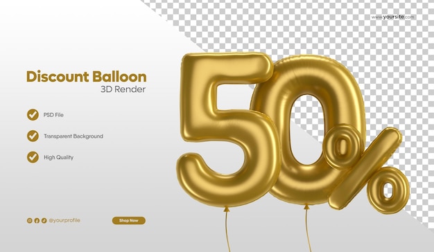 Renderização em 3d de balão de folha dourada realista número 50% de desconto