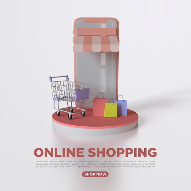 Renderização em 3d de compras online com celular para mídia social