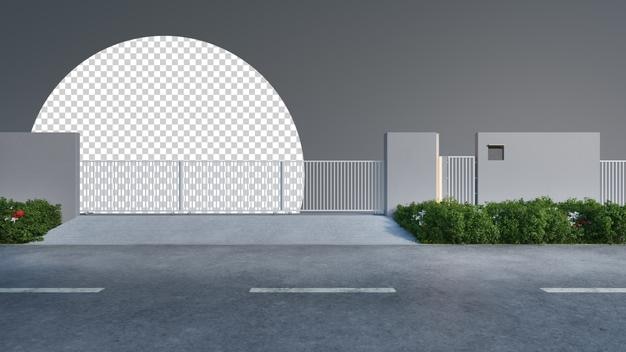 Renderização em 3D de elementos arquitetônicos e design exterior de entradas residenciais modernas